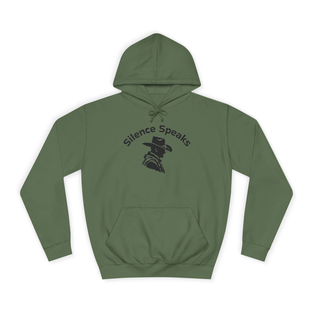 Green hoodie with 'Silence Speaks' text and graphic on a white background
