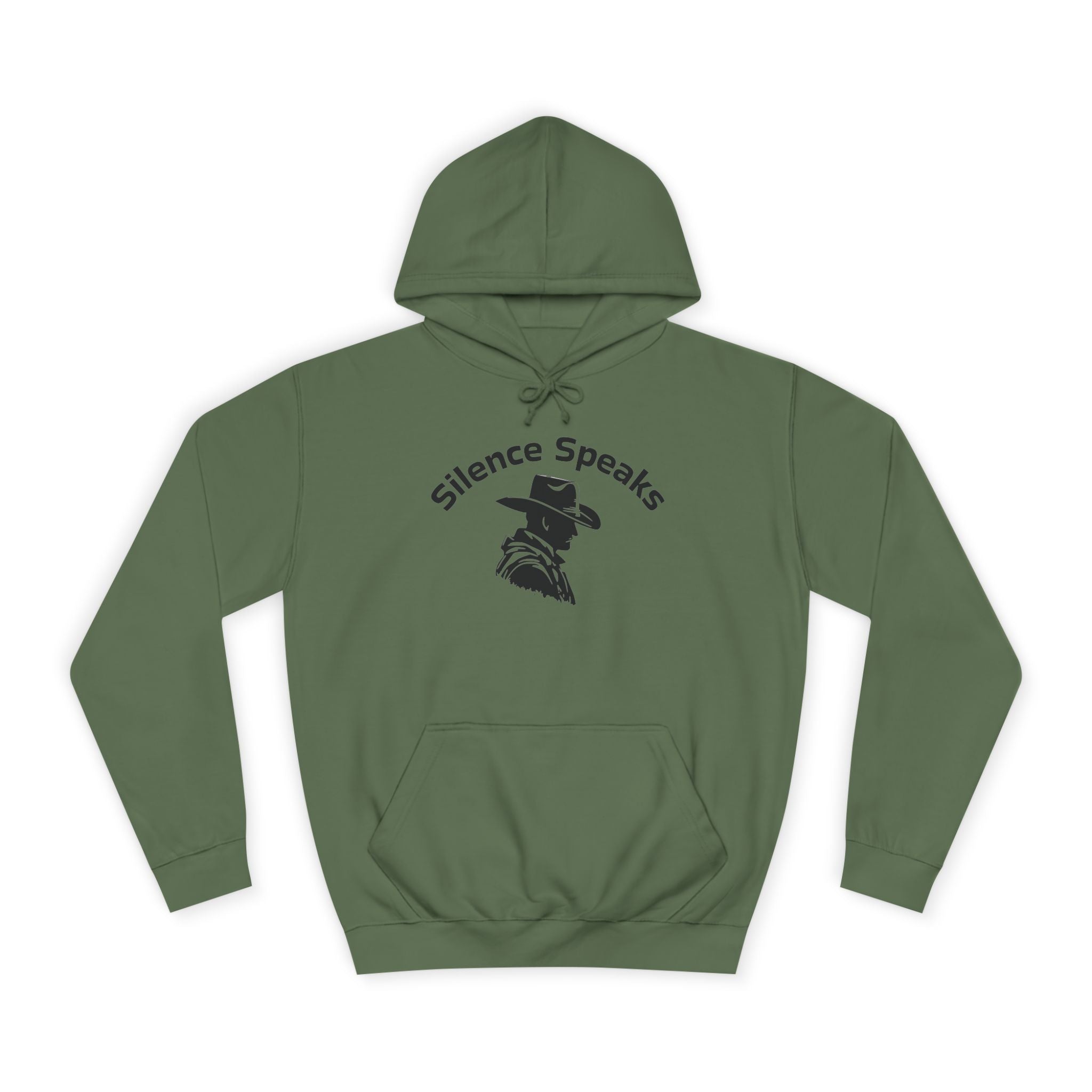 Green hoodie with 'Silence Speaks' text and graphic on a white background
