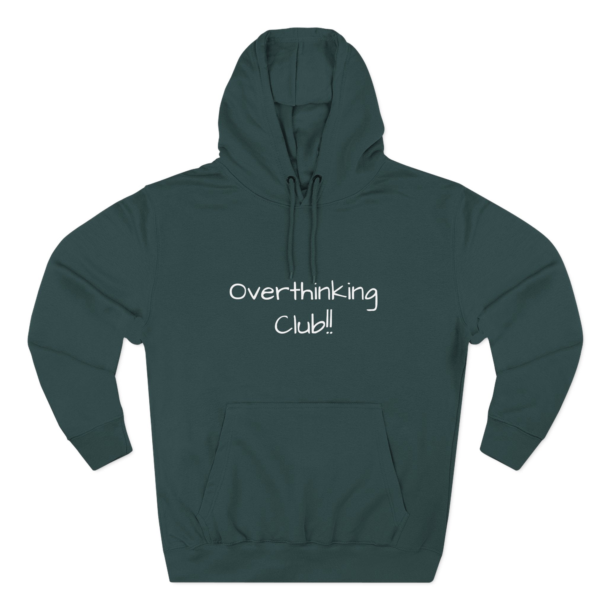 Green hoodie with 'Overthinking Club!' text on a white background