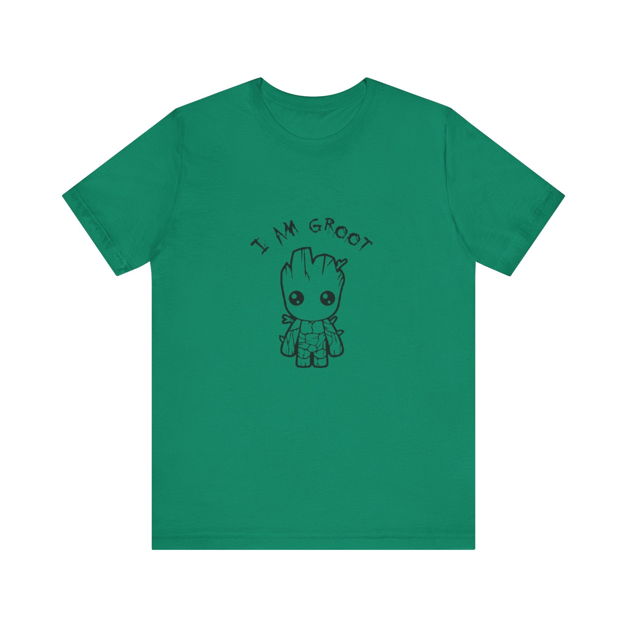Green t-shirt with 'I am Groot' graphic on a white background