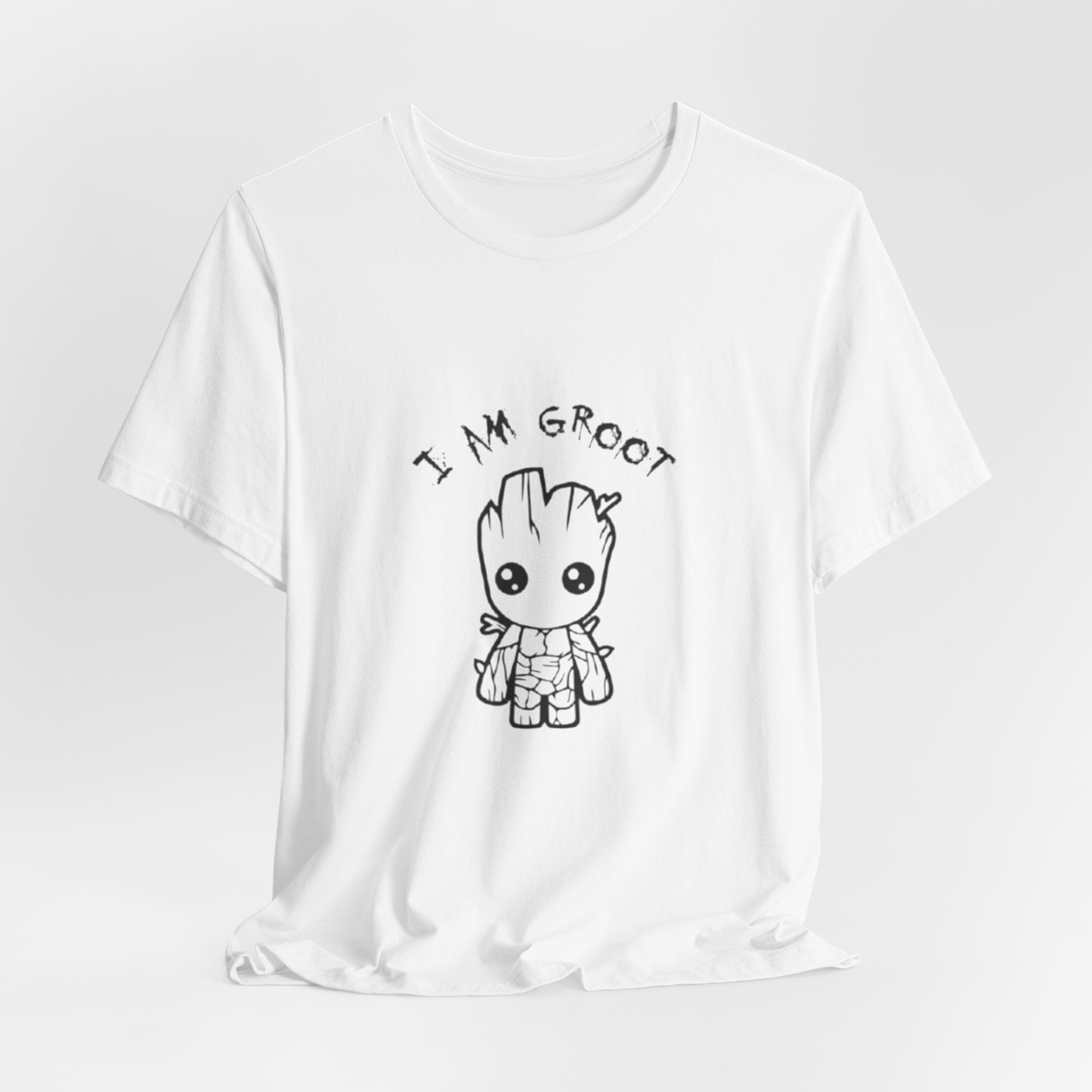 White t-shirt with 'I AM GROOT' text and cartoon character on a white background