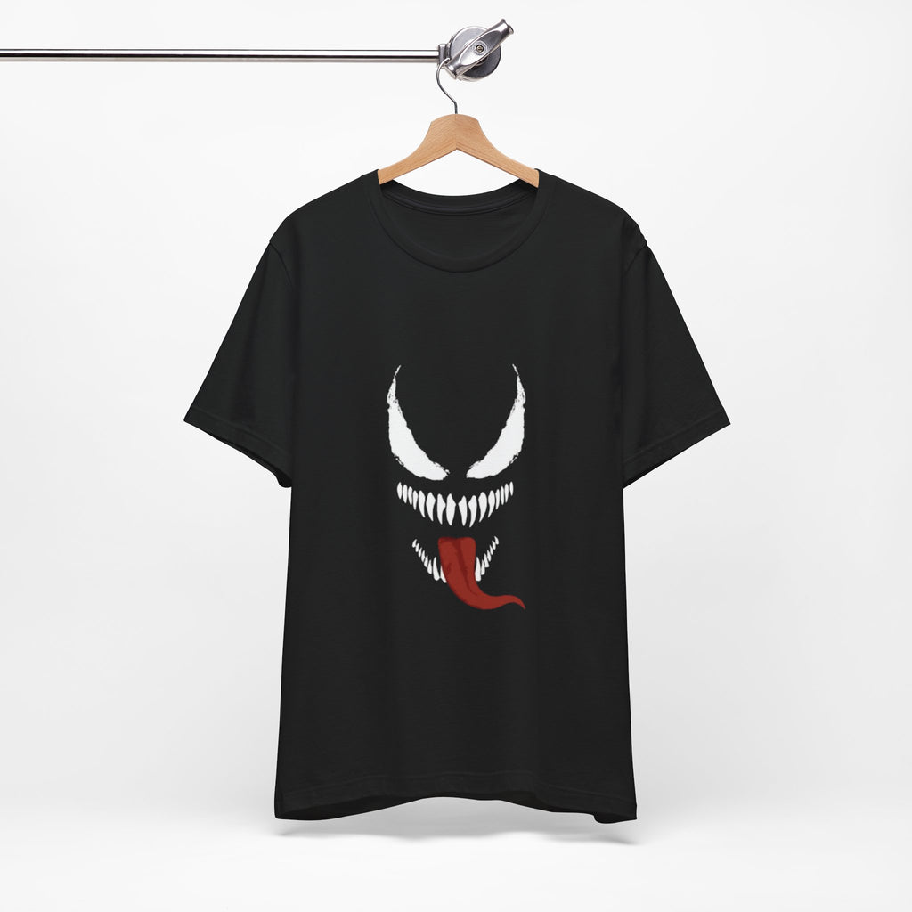 Black t-shirt with a graphic design on a hanger against a white background