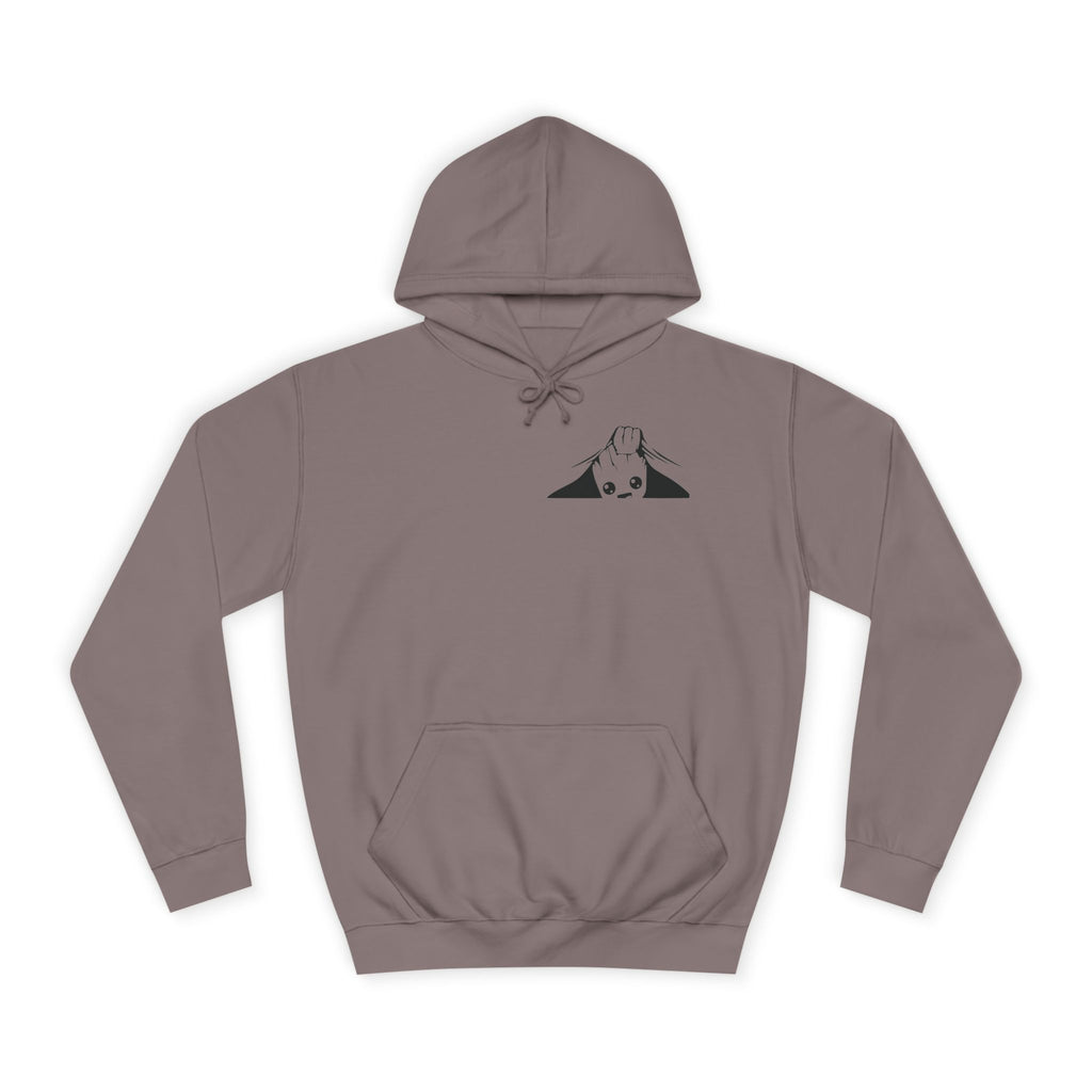 Brown hoodie with a black logo on a white background