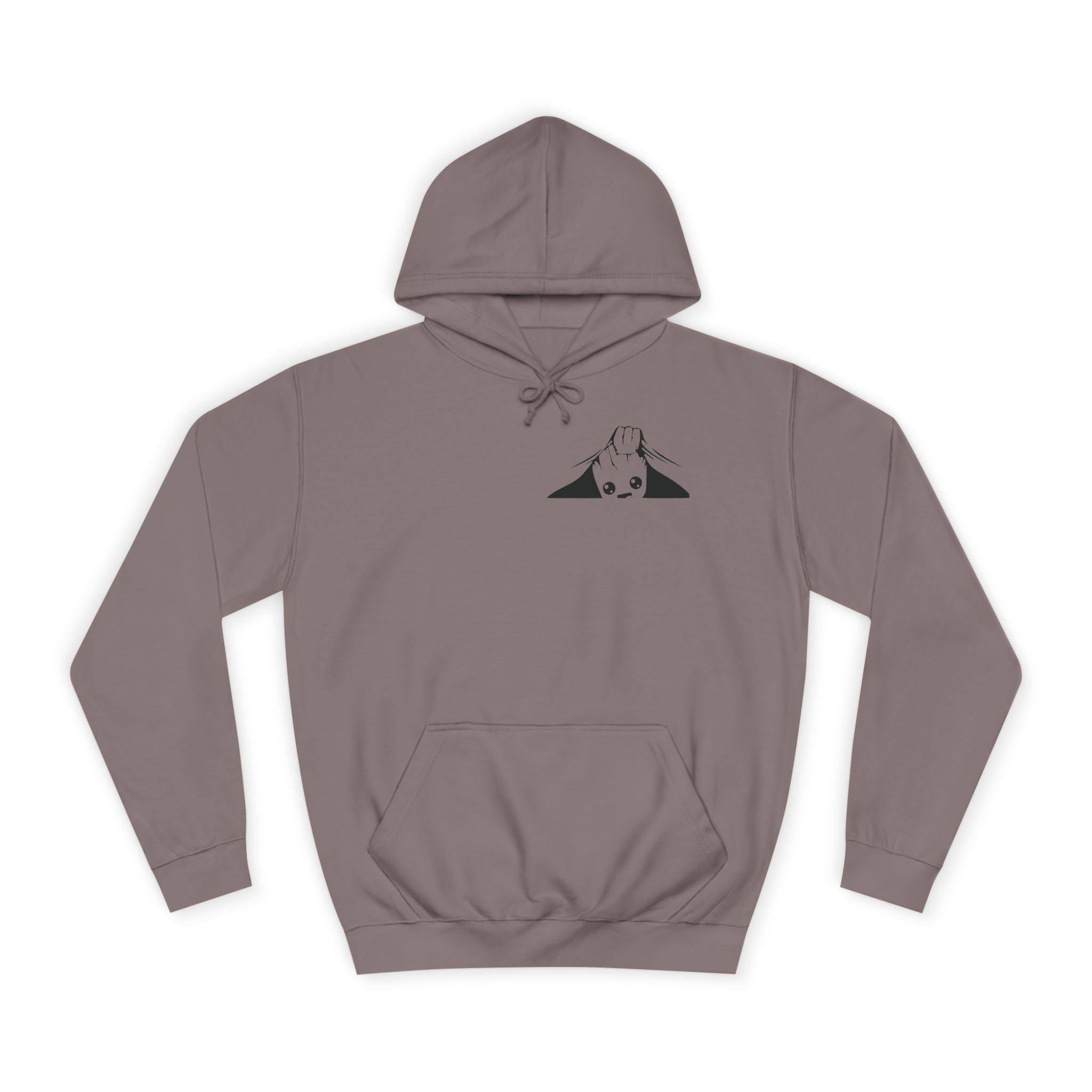 Brown hoodie with a black logo on a white background