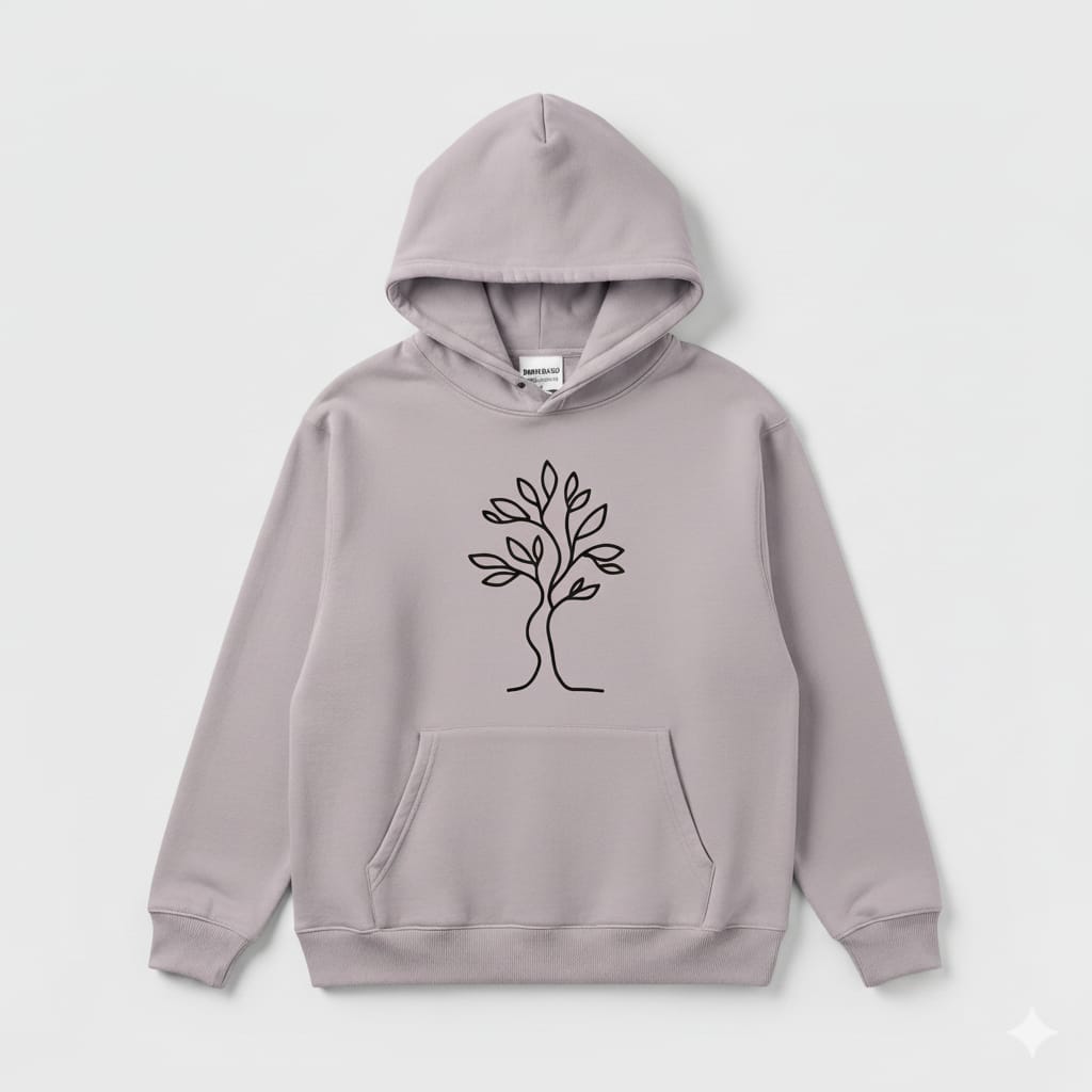 Light gray hoodie with a black tree design on a light gray background