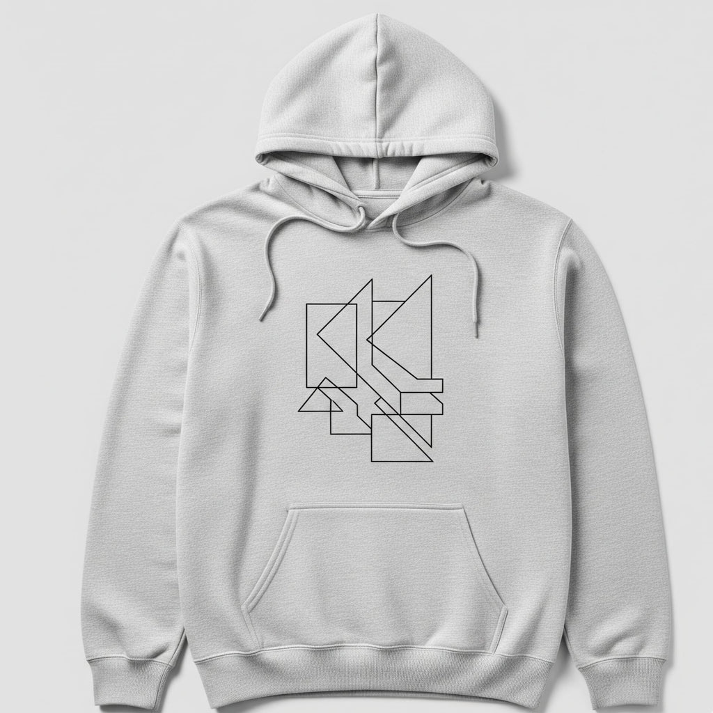 Gray hoodie with geometric design on a light gray background