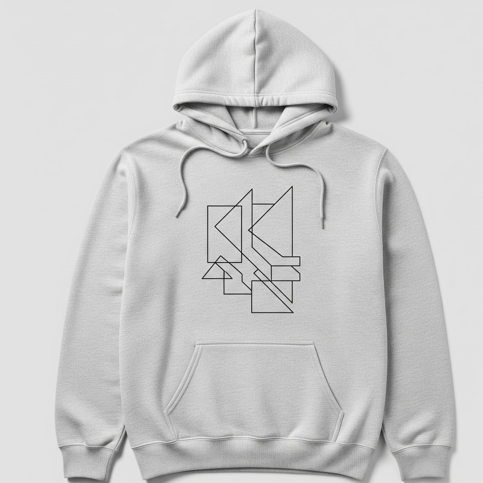 Gray hoodie with geometric design on a light gray background
