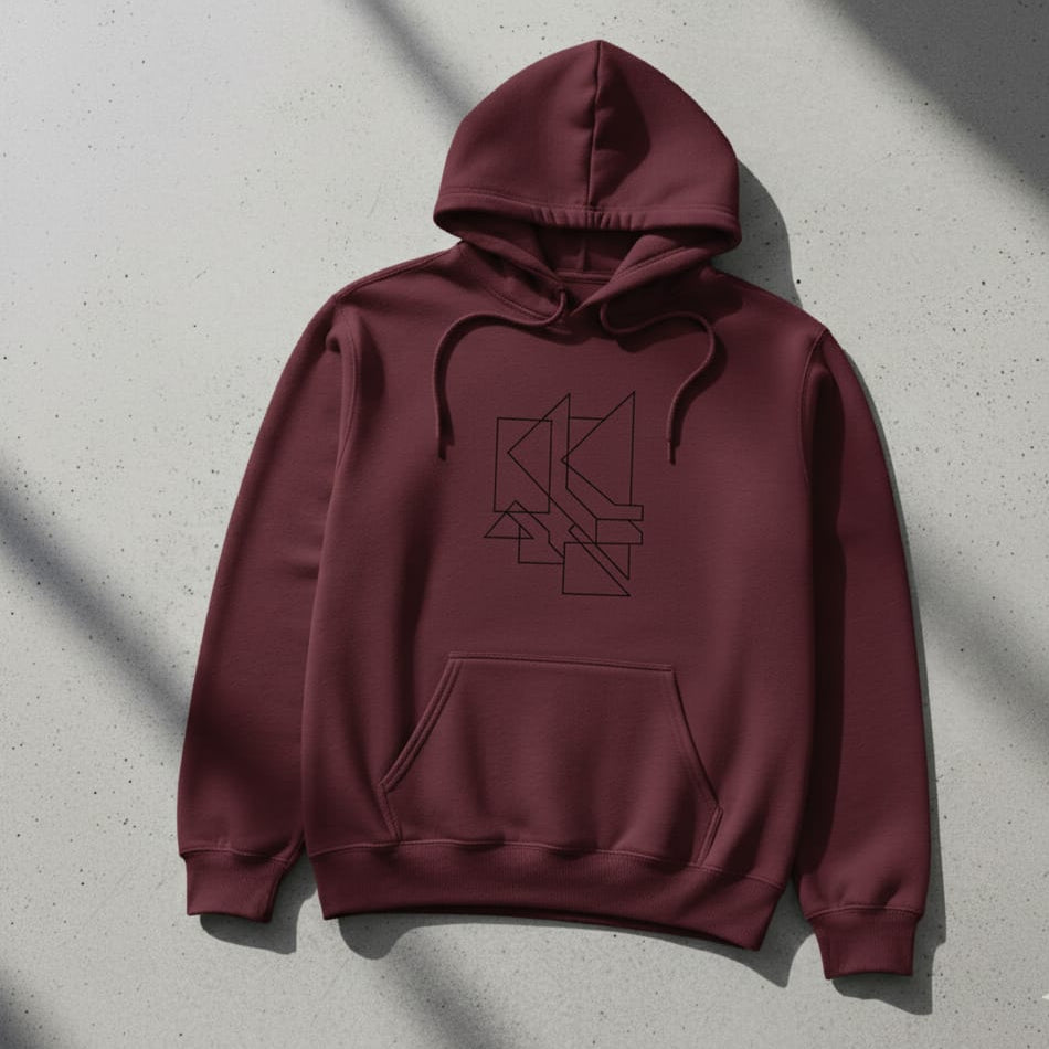 Maroon hoodie with a geometric logo on a light gray background