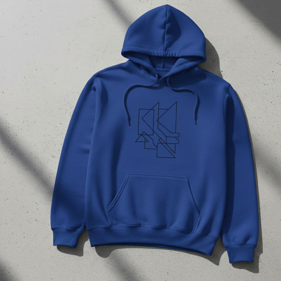 Blue hoodie with geometric design on a gray surface