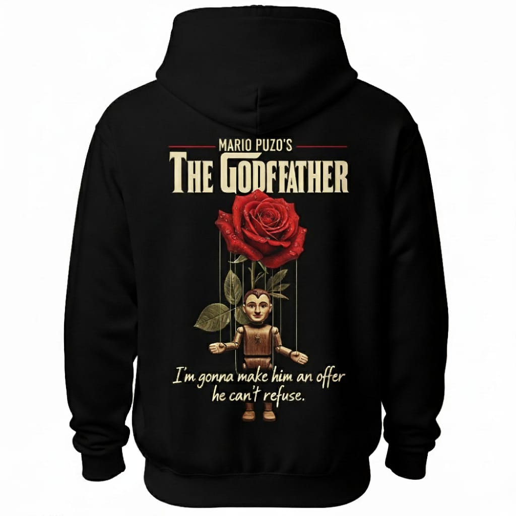 Black hoodie with 'The Godfather' design featuring a rose and marionette on the back.