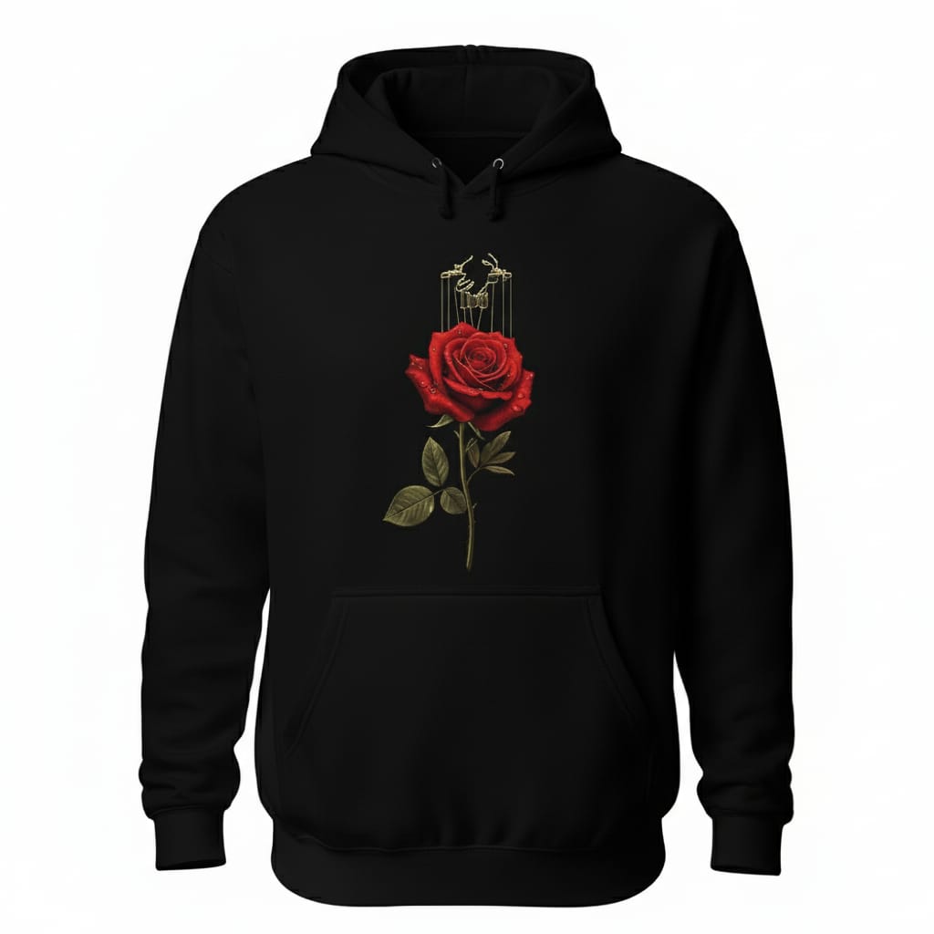 Black hoodie with a red rose design on a white background