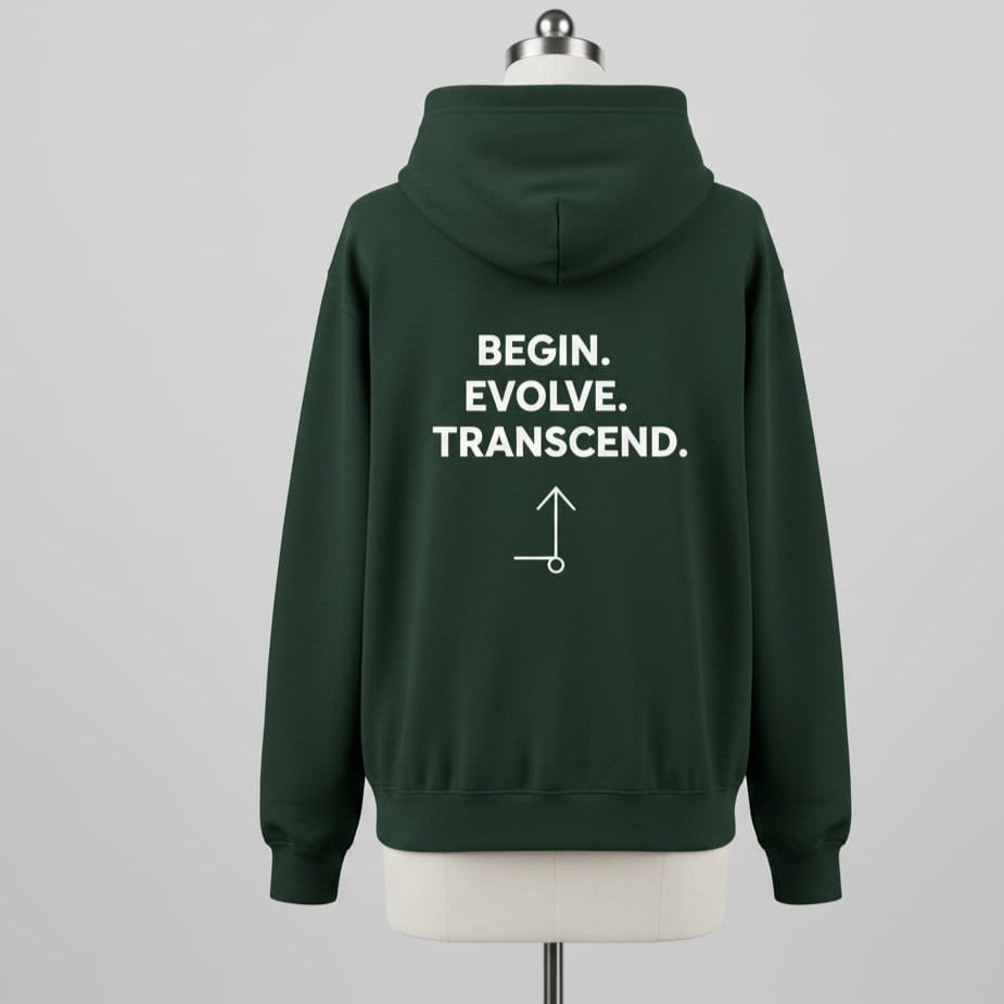 Green hoodie with motivational text on a mannequin against a gray background