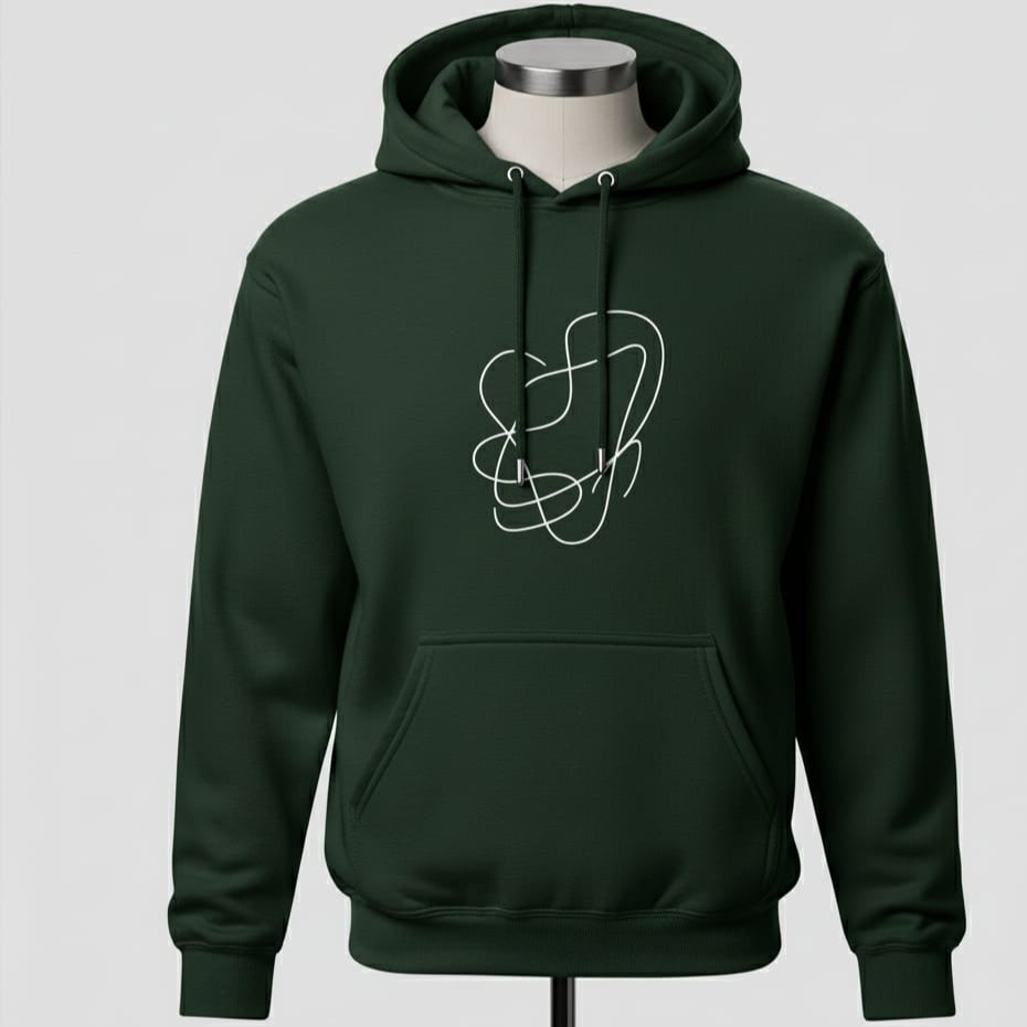 Green hoodie with a white abstract design on a gray background