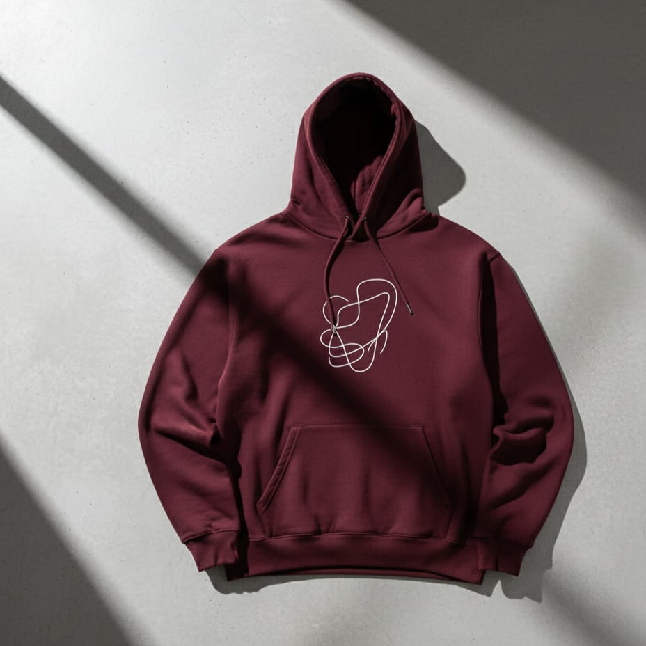 Maroon hoodie with a white abstract design on a light gray background