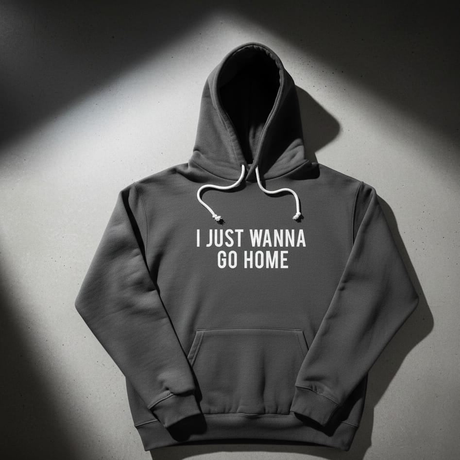 Gray hoodie with 'I JUST WANNA GO HOME' text on a dark background