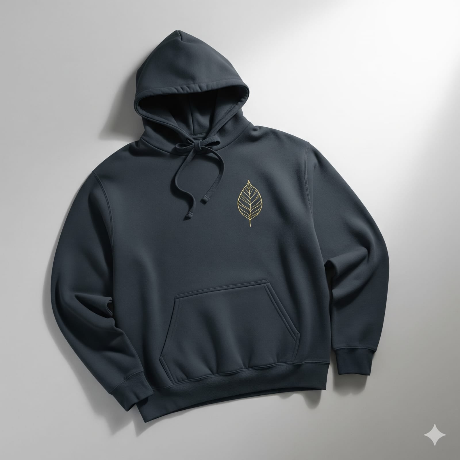 Dark gray hoodie with a leaf emblem on a light gray background