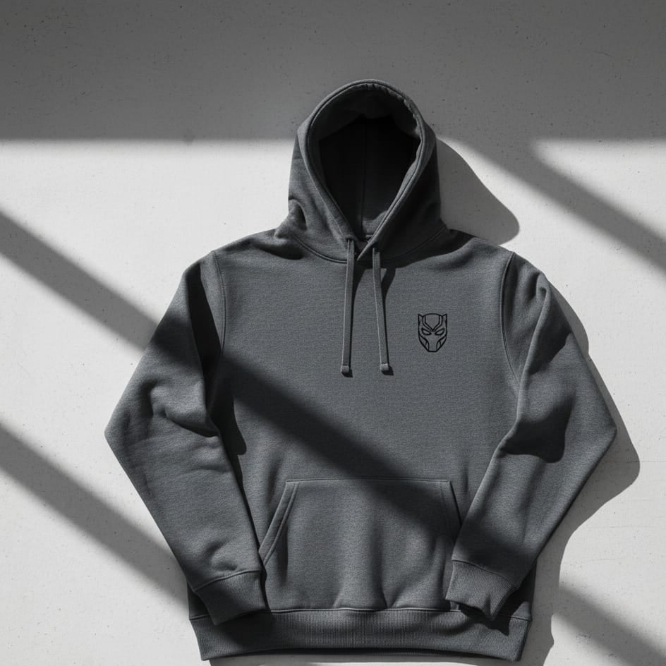 Gray hoodie with a small logo on a light gray background