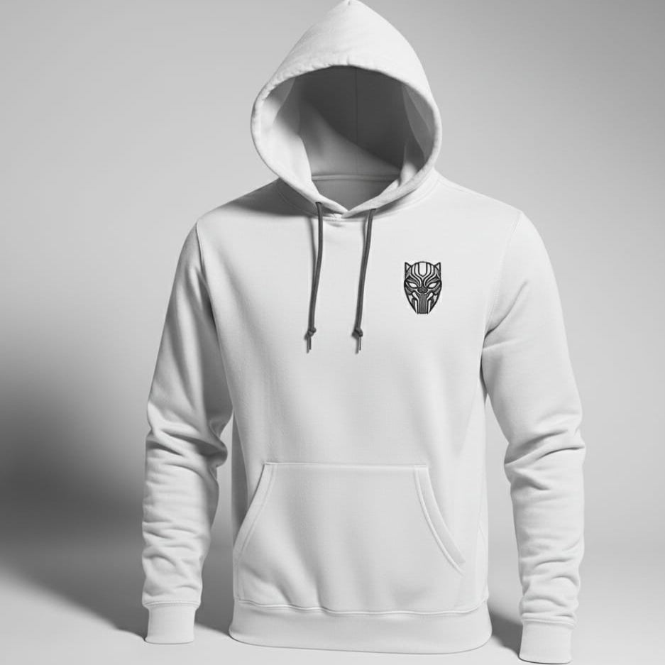 White hoodie with a black panther logo on a gray background