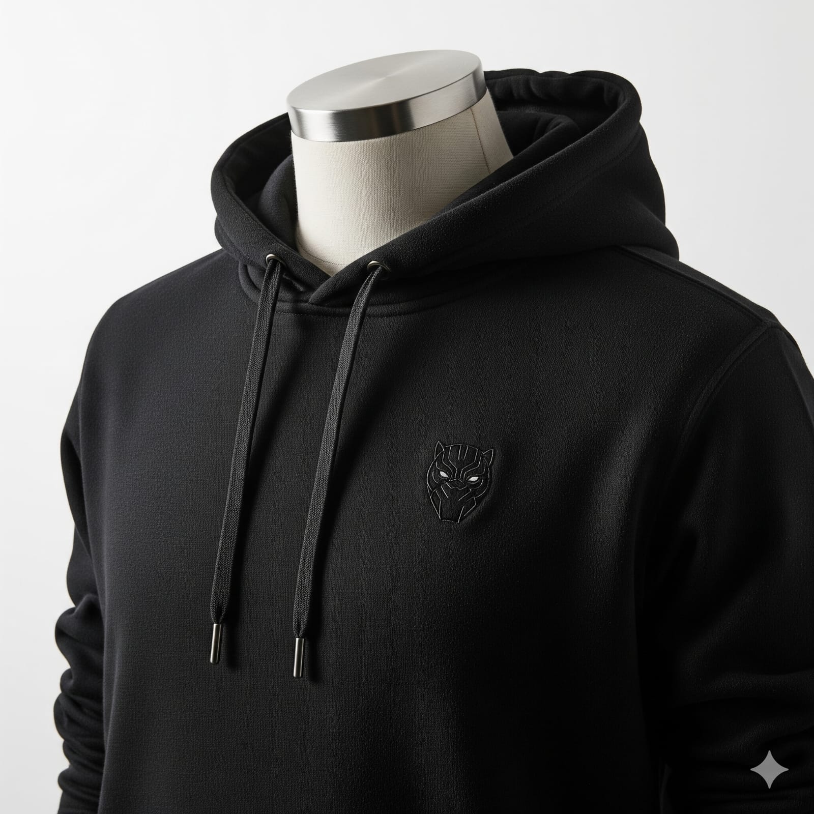 Black hoodie with a wolf emblem on a mannequin against a white background