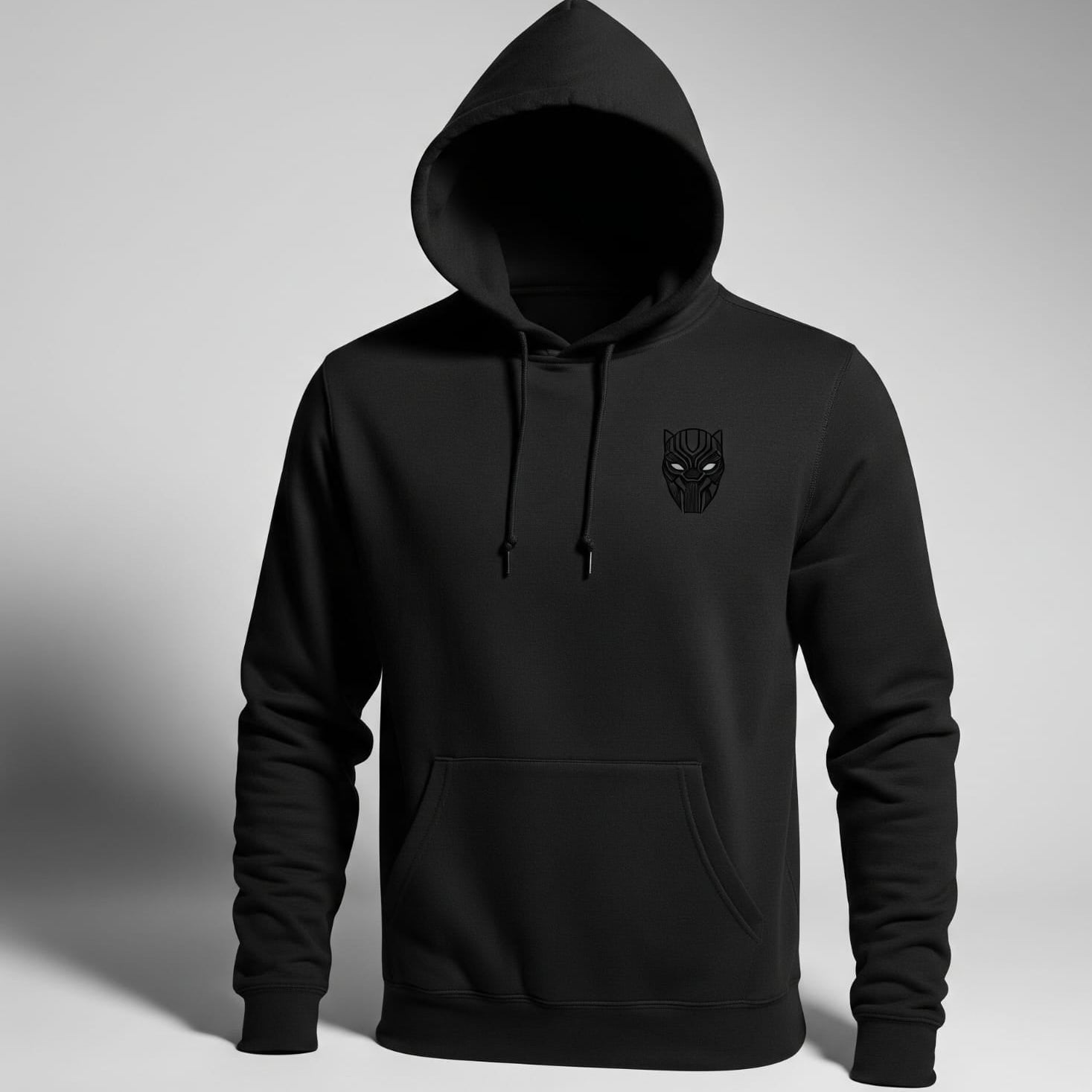 Black hoodie with a logo on the chest against a gray background
