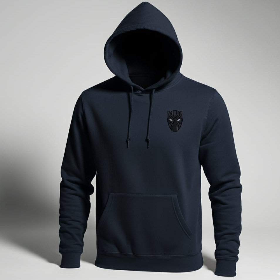 Black hoodie with a logo on the chest against a gray background