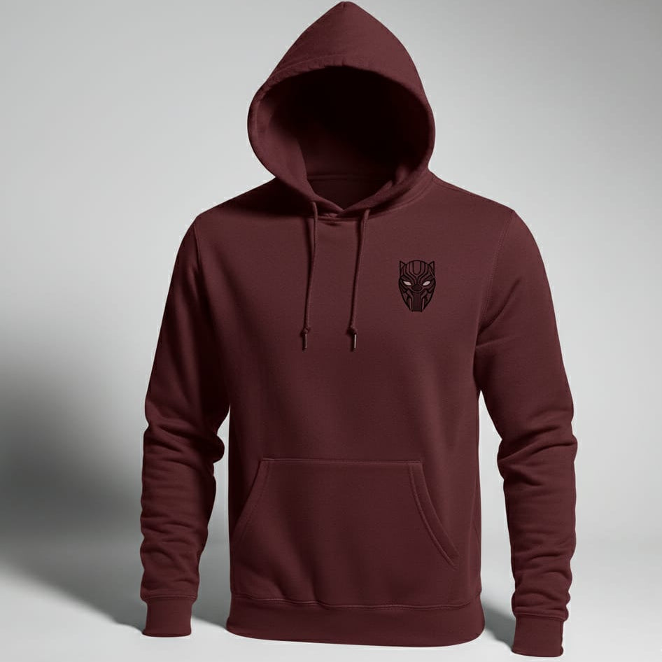 Maroon hoodie with a black logo on a gray background