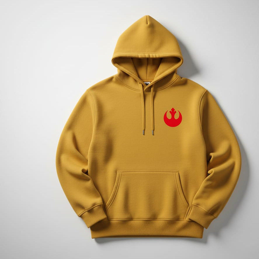 Yellow hoodie with a red logo on a gray background