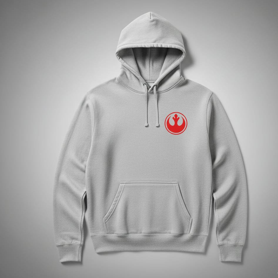 Gray hoodie with a red logo on a gray background
