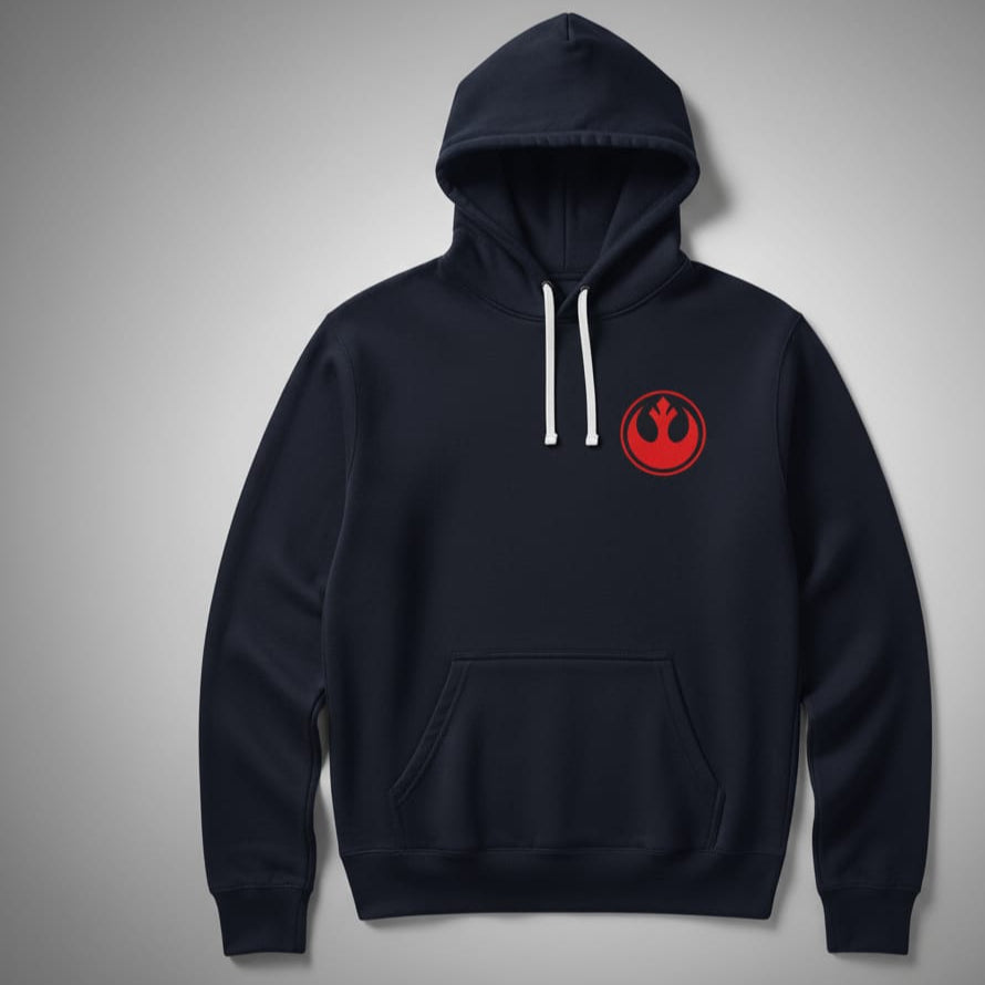 Black hoodie with a red logo on a gray background