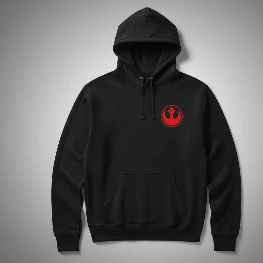 Black hoodie with a red logo on a gray background