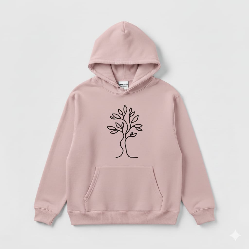 Pink hoodie with a tree design on a light gray background