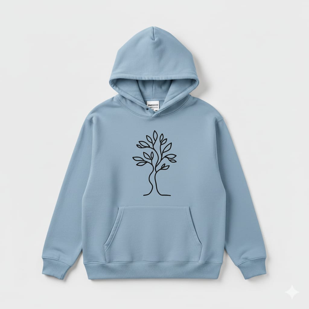 Blue hoodie with a tree design on a light gray background