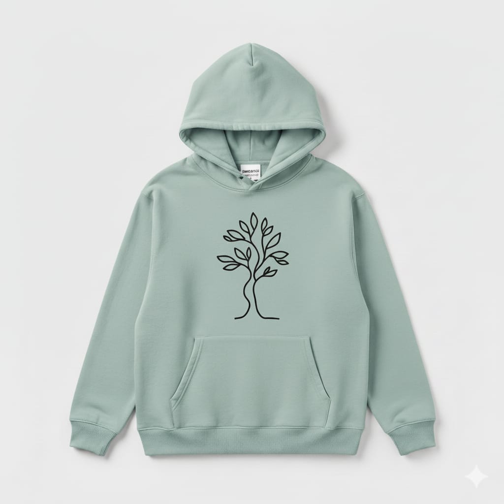 Light green hoodie with a black tree design on a light gray background