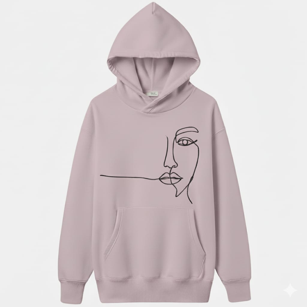 Light purple hoodie with a face design on a light gray background