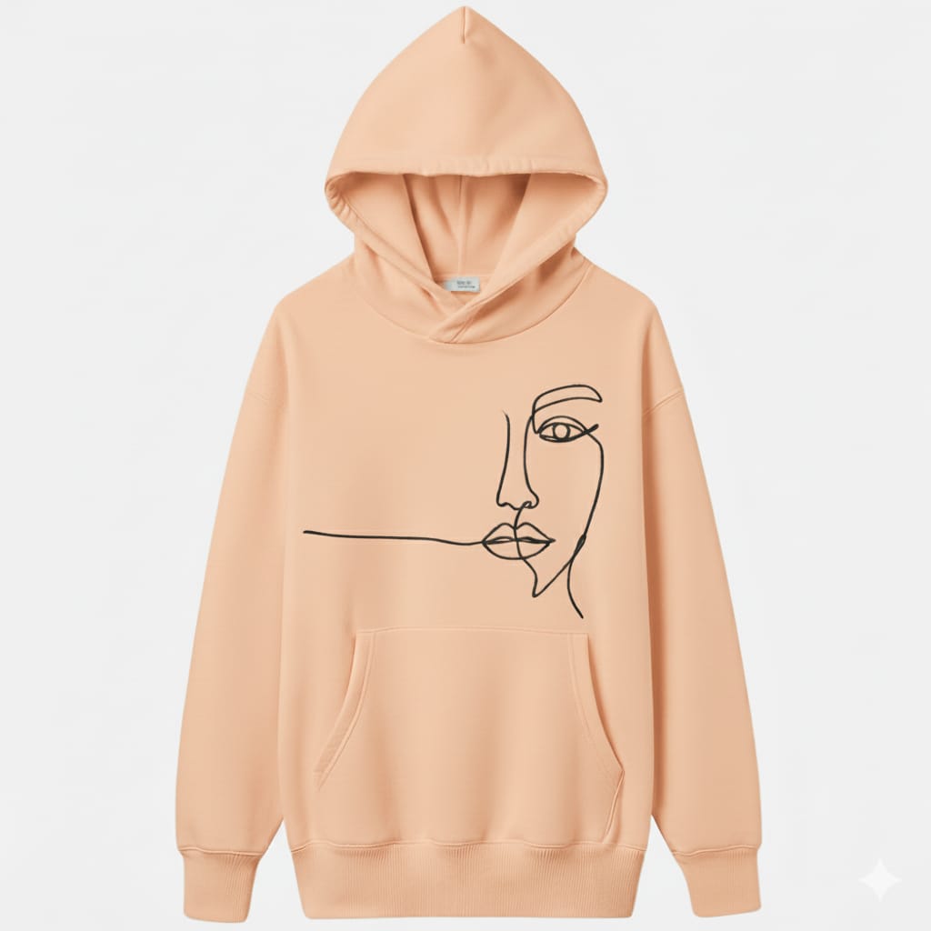 Beige hoodie with a face design on a light gray background