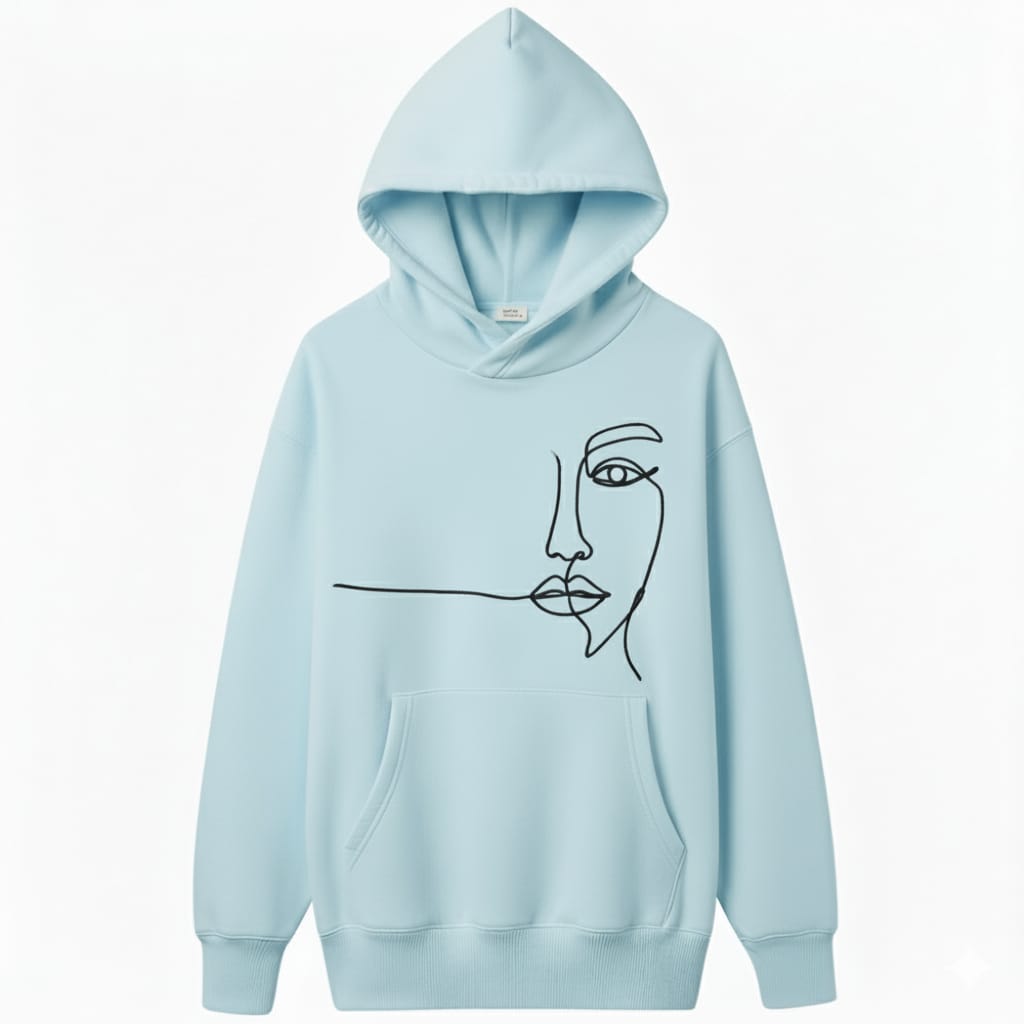 Light blue hoodie with a black line art face design on a white background