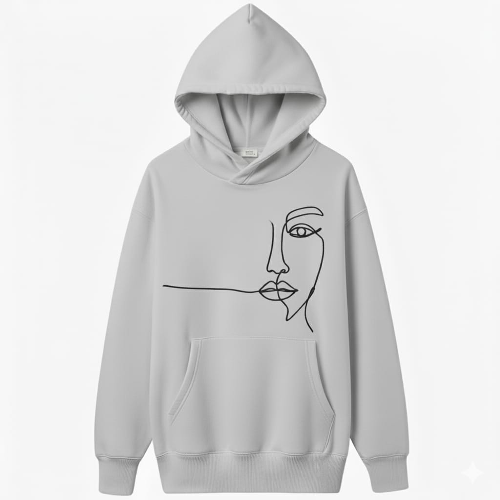 Gray hoodie with a face design on a white background